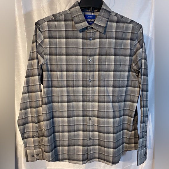 APT.9 Men’s Plaid Button-Up Shirt L Gray Black Stretch Standard Fit Untucked - Picture 1 of 15